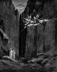 Dante protetto da Virgilio dai demoni