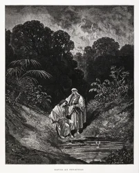 Davide e Gionata, figure eroiche del Regno di Israele, che formarono un patto di amicizia registrato nei libri di Samuele, Illustrazione dalla Bibbia di Doré
