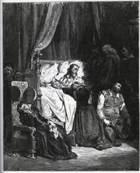 Morte di Don Chisciotte [Circondato da sua nipote, la sua governante, Sancho Panza, il parroco, il barbiere e il baccelliere Sansone Carrasco - da "Don Chisciotte della Mancia" di Miguel Cervantes (1547-1616) - xilografia dopo disegno di Gustave Doré