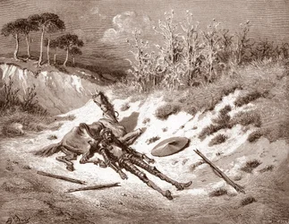 Don Chisciotte dopo la sua battaglia, chiama la sua dama ideale Dulcinea del Toboso. Incisione di Gustave Doré per 