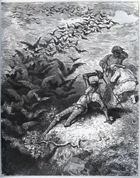 Don Chisciotte nella caverna di Montesinos - Un numero infinito di corvi e cornacchie vola fuori dalla caverna di Montesinos, abbattendo Don Chisciotte (II, 22) - da 