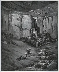 Don Chisciotte e Sancho Panza scoprono cosa ha causato la loro preoccupazione, una cascata e un mulino a foulon - da 