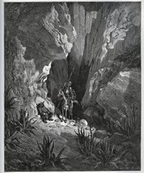 Don Chisciotte e Sancho Panza trovano le cose di un viaggiatore - da Don Chisciotte della Mancia di Miguel Cervantes (1547-1616) - xilografia su disegno di Gustave Doré
