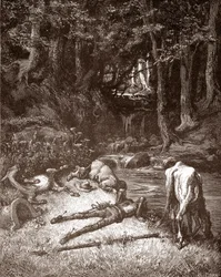 Don Chisciotte e Sancho Panza si rinfrescano a un ruscello, incisione di Gustave Doré per 
