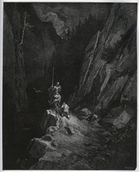 Don Chisciotte e Sancho Panza si addentrano nella Sierra Morena - da "Don Chisciotte della Mancia" di Miguel Cervantes (1547-1616) - xilografia dopo disegno di Gustave Doré.