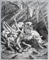 Don Chisciotte e un mulattiere combattono per Maritornes, la governante, che Don Chisciotte scambia per la sua Dulcinea - da „Don Chisciotte della Mancia“ di Miguel de Cervantes (1547-1616) - xilografia da un disegno di Gustave Doré