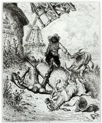 Don Chisciotte e i mulini a vento, da «Don Chisciotte della Mancia» di Miguel Cervantes (1547-1616), inciso da Héliodore Joseph Pisan (1822-90)