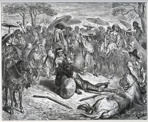 Don Chisciotte battuto in mezzo a un gruppo di mercanti - Il mulattiere aveva preso gusto al gioco - da "Don Chisciotte della Mancia" di Miguel Cervantes