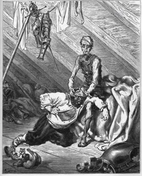 Don Chisciotte fa assaggiare a Sancho Panza il suo prezioso balsamo per guarirli da tutti i mali - da "Don Chisciotte della Mancia" di Miguel Cervantes