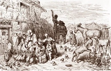 Don Chisciotte persuade il suo vicino Sancho Panza a diventare il suo scudiero, incisione di Gustave Doré per 