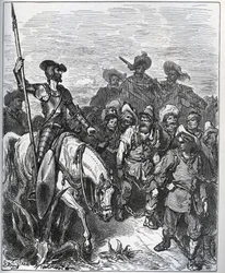 Don Chisciotte interroga le forze sui motivi delle loro convinzioni - da “Don Chisciotte della Mancia” di Miguel Cervantes - xilografia dopo disegno di Gustave Doré