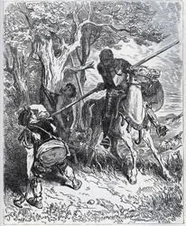 Don Chisciotte prende le parti del giovane valletto - "Per il sole che ci illumina, non so chi mi trattiene dal passare la mia lama attraverso il corpo" - da "Don Chisciotte della Mancia" di Miguel Cervantes (1547-1616) - xilografia dopo disegno di Gustave