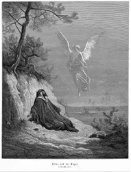 Elia va nel deserto e chiede di morire, ma arriva un angelo e gli ordina: «Alzati e mangia». Bibbia, 1 Re 19,5. Dalla Bibbia di Gustave Doré 1865-1856. Incisione su legno