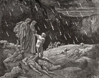 Incisione di Gustave Doré 1832-1883 artista e illustratore francese per Inferno di Dante Alighieri Canto XV versi 28 e 29