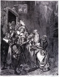 Entra in questa locanda, piatto IV - Illustrazione di Gustave Doré per La leggenda del Giudeo errante di Pierre Dupont, edizione Librairie du magasin pittoresque, Parigi 1862