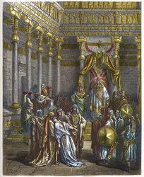 Ester sviene davanti al primo re di Persia, Assuero - La regina Ester sviene davanti al re Assuero - incisione nella “Bibbia illustrata” di Gustave Doré (1832-1883) - incisione dalla “Bibbia di Doré”