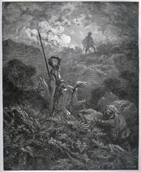 Prima apparizione della Deguenille-de-la-Malaise-Mine - da "Don Chisciotte della Mancia" di Miguel Cervantes (1547-1616) - xilografia dopo disegno di Gustave Doré.