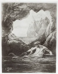 Gilliatt lotta con il polpo gigante, illustrazione da 