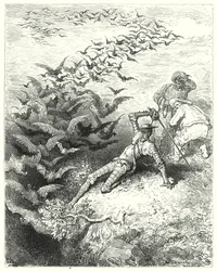 Don Chisciotte di Gustave Doré: "Un numero infinito di corvi e cornacchie sovradimensionati uscì di corsa e svolazzando dalla grotta"
