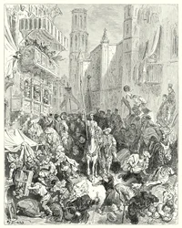 Don Chisciotte di Gustave Doré: "Rinchiudendolo nel mezzo della loro brigata, lo condussero verso la città"