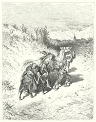 Don Chisciotte di Gustave Doré: "Li condusse tutti verso il villaggio, e camminava a piedi, molto pensieroso"