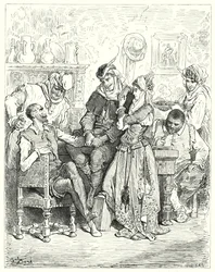 Don Chisciotte di Gustave Doré: "Sancio e il suo padrone rimasero tre giorni con la giovane coppia, e furono trattati come principi"