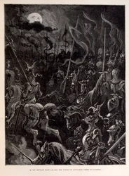 Illustrazione di cavalieri in battaglia durante una serata al chiaro di luna