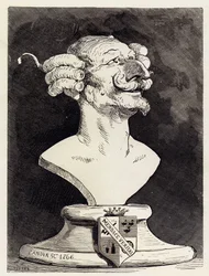 Busto immaginario raffigurante il Barone di Munchausen (Munchhausen), segno ""Canova 1766"". Illustrazione di Gustave Dore per la prima versione delle avventure del colonnello tedesco ""Le avventure del Barone di Munchausen (Munchhausen)"" di Rudolph Er