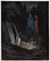 Inferno, Canto 10: Farinata degli Uberti si rivolge a Dante, illustrazione da "La Divina Commedia" di Dante Alighieri, 1885
