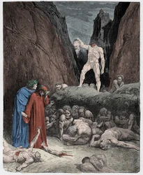 Inferno, Canto 28 : La testa mozzata di Bertran de Born parla a Dante, illustrazione da "La Divina Commedia" di Dante Alighieri