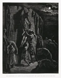 Gli abitanti di Jabesh recuperano i corpi di Saul e dei suoi figli, Illustrazione dalla Bibbia di Doré