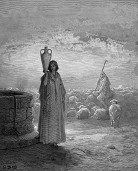 Giacobbe, che custodisce i greggi di Labano, vede Rachele al pozzo. Genesi 29. Da La Bibbia illustrata di Gustave Doré 1866. Incisione su legno