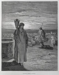 Giacobbe vede Rachele al pozzo della casa di Labano, Illustrazione dalla Bibbia di Doré