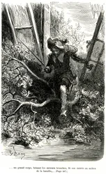 Jacquemin Lampourde, con la pistola in mano, arrivò a un punto della battaglia. Incisione di Gustave Doré che illustra il romanzo picaresco di cappa e spada di Théophile Gautier "Il capitano Fracassa", edizione Charpentier 1863