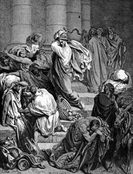 Gesù Cristo scaccia i mercanti dal Tempio. Illustrazione di Gustave Doré
