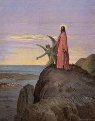 Gesù nel deserto, sottoposto alla tentazione del diavolo - La tentazione di Cristo - Satana tentò Gesù - incisione di Gustave Doré - colorazione successiva