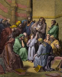 Gesù tra i dottori nel Tempio - Incisione di Gustave Doré (1832-1883) - colorazione successiva