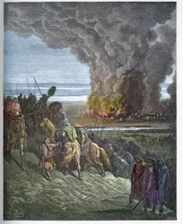 Giosuè brucia la città di Ai - La conquista della città di Ai da parte di Giosuè - incisione in "La Bibbia illustrata" di Gustave Dore - Incisione da "La Bibbia di Dore"