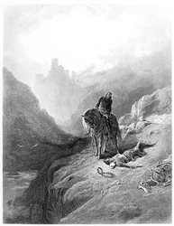 Re Artù scopre gli scheletri dei fratelli, illustrazione da "Idilli del Re" di Alfred Tennyson (litografia)