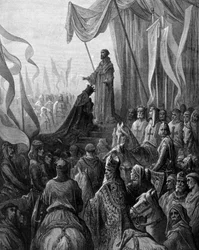 Luigi VII (1120 - 1180) inginocchiato davanti a San Bernardo di Chiaravalle a Vézelay. Incisione di Gustave Doré. XIX secolo