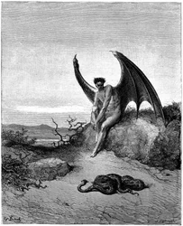 Lucifero (Satana, angelo decaduto, caduto dal cielo sulla Terra) incontra il serpente. Illustrazione di Gustave Doré per „Paradiso perduto“ di John Milton (1608-1674). Incisione del 1866. Collezione privata