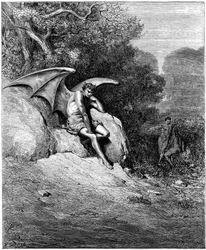 Lucifero (Satana, angelo caduto, precipitato dal cielo sulla Terra), raffigurato mentre corrompe Adamo ed Eva. Illustrazione di Gustave Doré per "Paradiso perduto" di John Milton (1608-1674). Incisione del 1866. Collezione privata