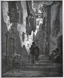 Luscinde invia un biglietto a Cardenio - da "Don Chisciotte della Mancia" di Miguel Cervantes (1547-1616) - xilografia dopo disegno di Gustave Doré.