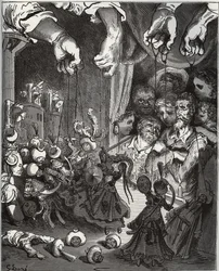 Lo spettacolo dei burattini di Maese Pedro - da "Don Chisciotte della Mancia" di Miguel Cervantes (1547-1616) - xilografia su disegno di Gustave Doré