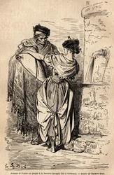 Uomo e donna del popolo alla fontana, a Carmona, villaggio vicino a Siviglia. Schizzo dal vivo di Gustave Dore (1832-1883). Incisione per illustrare il viaggio in Spagna, nel 1862 di Charles Davillier e Gustave Dore, in "Le tour du monde, nouveau