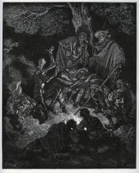 Luce notturna dove Don Chisciotte racconta la storia del mondo alle capre e a Sancho Panza - da "Don Chisciotte della Mancia" di Miguel Cervantes (1547-1616) - xilografia dopo disegno di Gustave Doré.