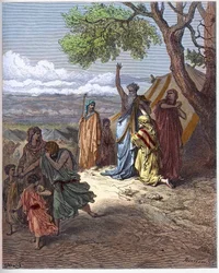 Noè scaccia Ham - Noè maledice Ham - La maledizione di Cham - Il patriarca Noè maledice suo nipote Canaan per un errore commesso da suo padre Cham sul monte Ararat - incisione in «The Bible Illustrée» di Gustave Doré (1832-1883) - incisione da «The Dor»