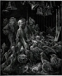 Panurge fa cantare gli uccelli suonando le campane - illustrazione di Gustave Doré per le opere complete di François Rabelais - Quinto libro - Pantagruel