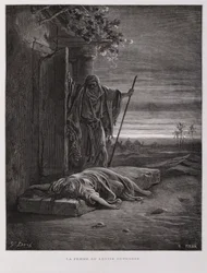 Olocausto a Ghibea, il levita porta via la sua concubina morta, Illustrazione dalla Bibbia di Doré
