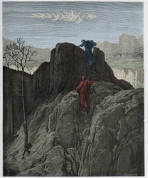 Purgatorio, Canto 4: Virgilio guida Dante su per il ripido pendio, illustrazione da "La Divina Commedia" di Dante Alighieri, 1885